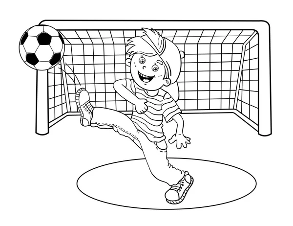 Desenho da página de colorir de um menino chutando uma bola de futebol — Vetor de Stock