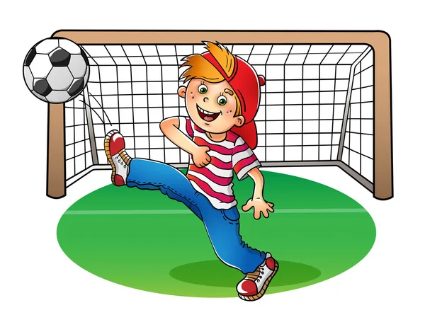 Chico con gorra roja pateando una pelota de fútbol — Vector de stock