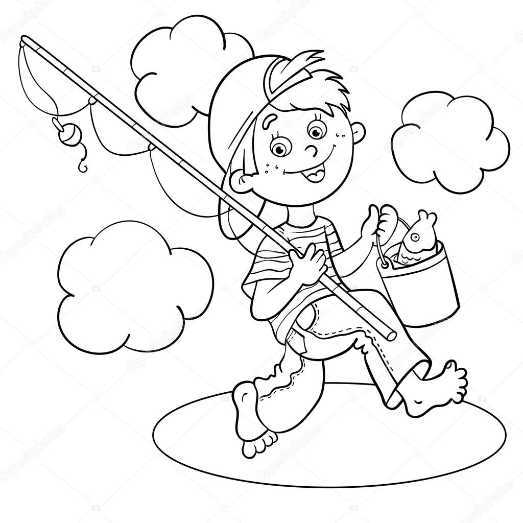 Coloring Page Outline Of A Cartoon Boy fisherman