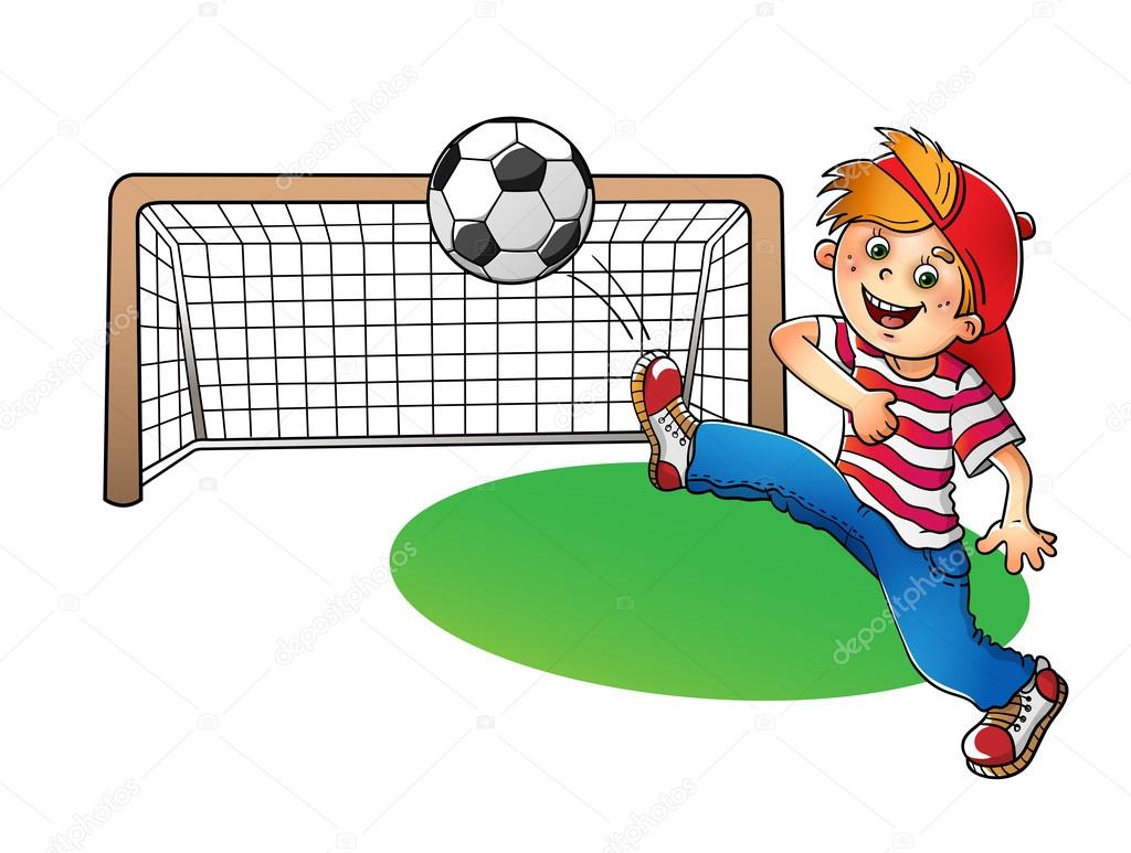 Boy in a red cap kicking a soccer ball