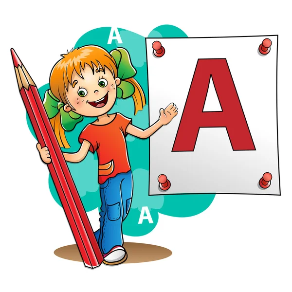 Genç kız büyük bir mektup kırmızı kurşun kalemle çizim