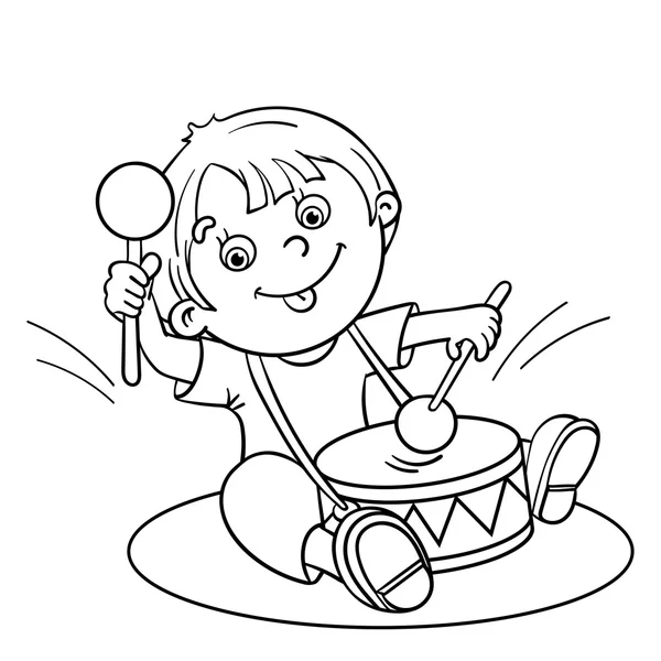 Barevné stránky osnovy kreslené chlapce hrát buben — Stockový vektor