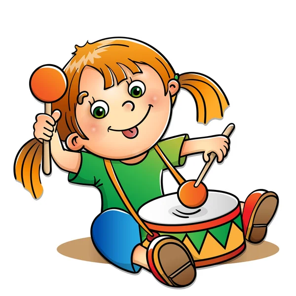 Chica alegre tocando el tambor aislado en blanco — Vector de stock