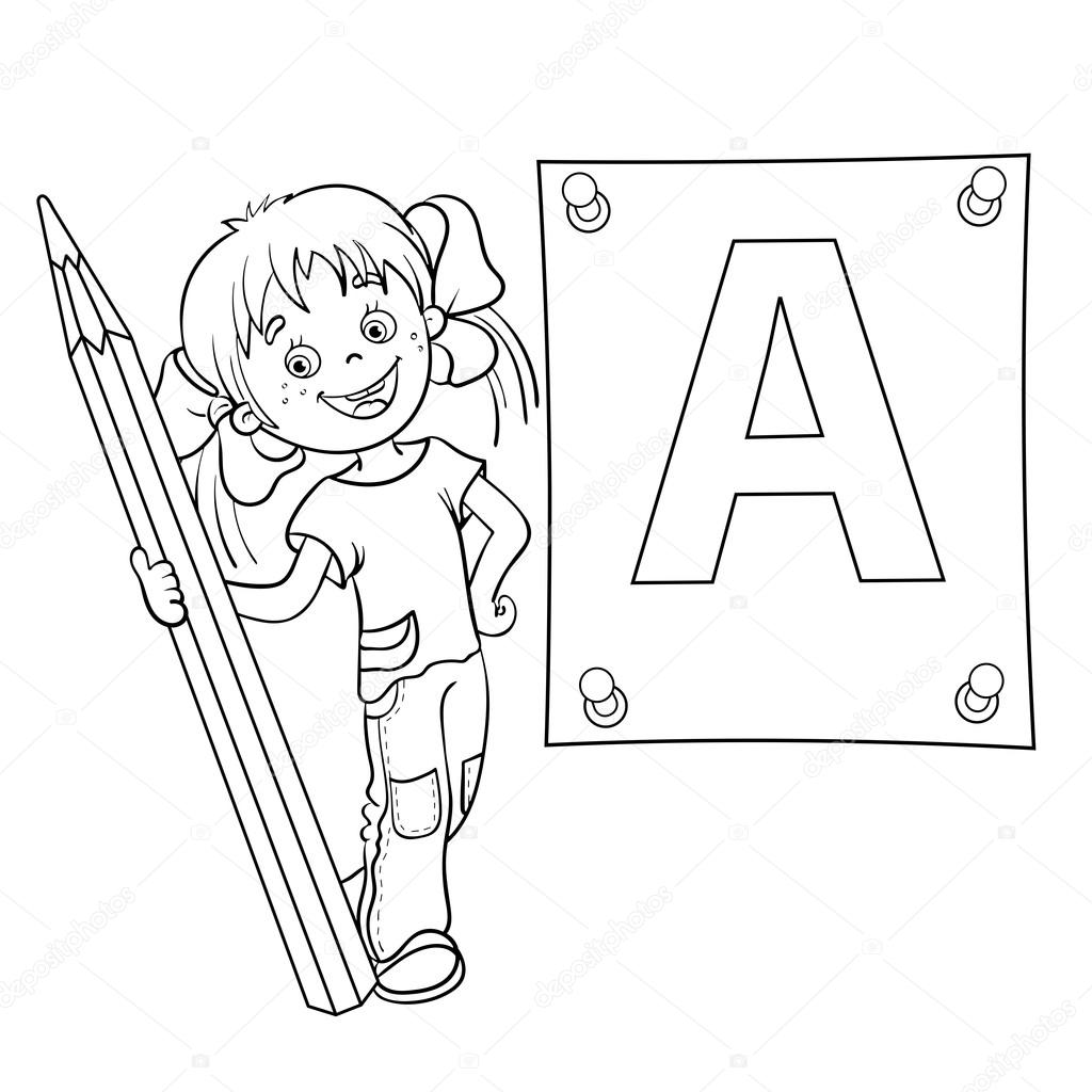 Coloring Page Outline Of a Cartoon Girl with pencil and large le