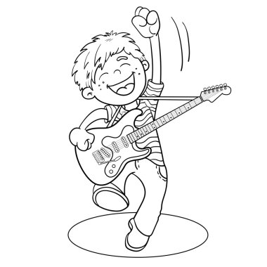 Sayfa anahat bir çizgi film Boy bir gitar ile boyama