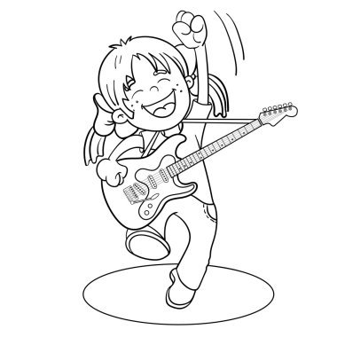 Sayfa anahat bir çizgi film Boy bir gitar ile boyama