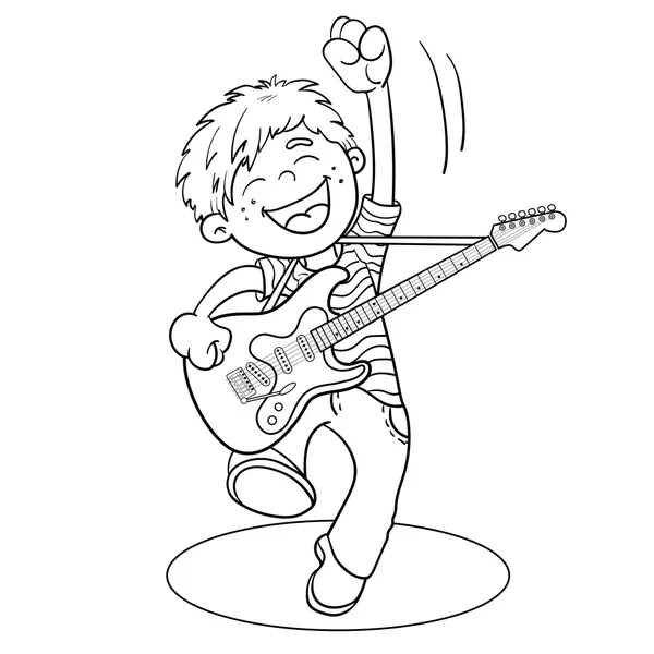 着色页大纲的卡通男孩与一把吉他 — 图库矢量图片