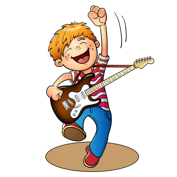 Página para colorear Esquema de un niño de dibujos animados con una guitarra — Vector de stock