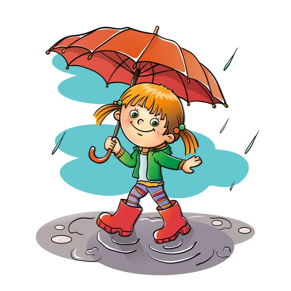 Happy girl walking in the rain with red umbrella — Stock Vector