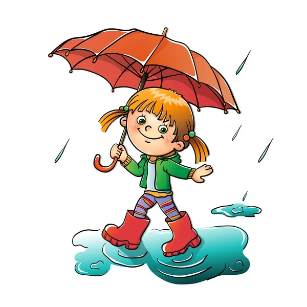 Mutlu kız beyaz izole yağmurda yürüyüş