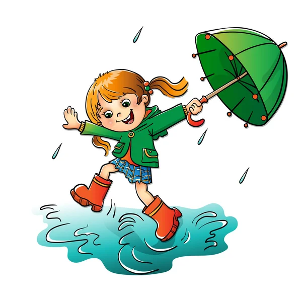 Chica alegre saltando en la lluvia con el paraguas verde — Vector de stock