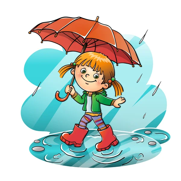 Šťastná dívka procházky v dešti — Stockový vektor