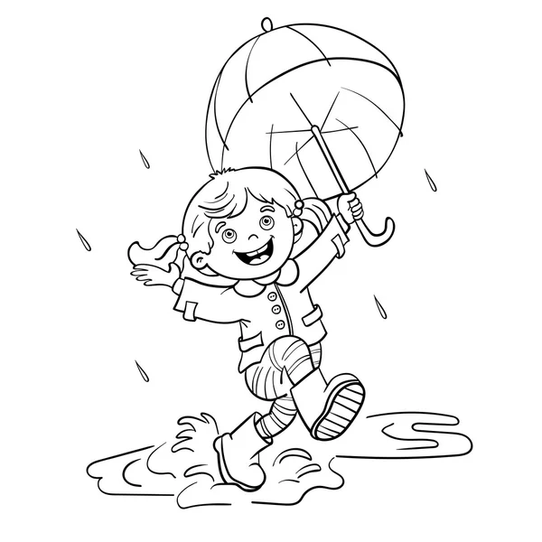 Página para colorear Esquema de una chica saltando bajo la lluvia — Vector de stock