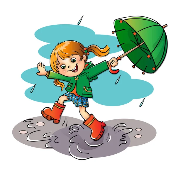 Glad flicka hoppande i regnet med grönt paraply — Stock vektor
