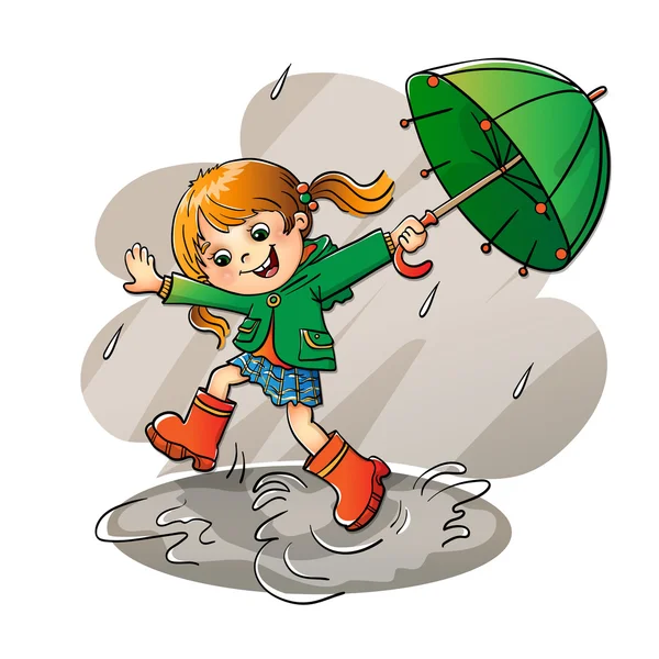 Joyeuse fille sautant sous la pluie avec le parapluie vert — Image vectorielle