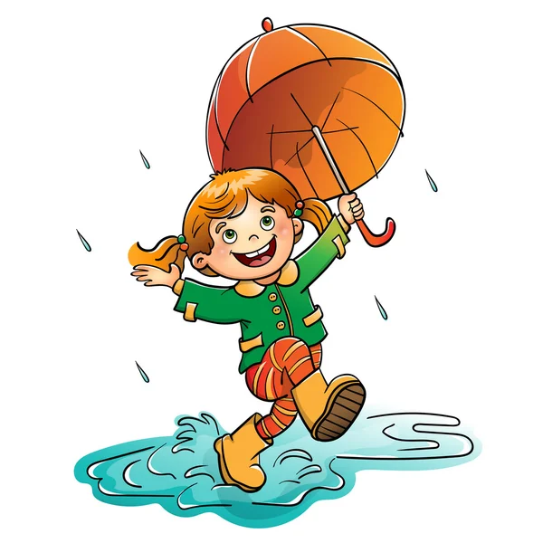 Fröhliches Mädchen, das mit einem orangefarbenen Regenschirm im Regen springt — Stockvektor