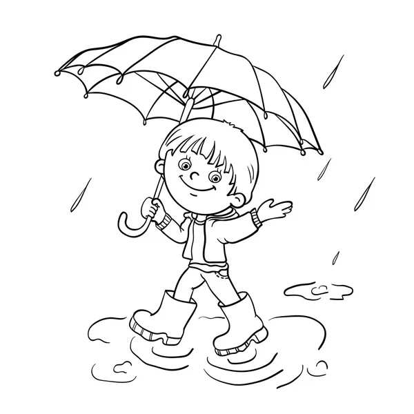 Página para colorear Esquema de un niño caminando bajo la lluvia — Vector de stock