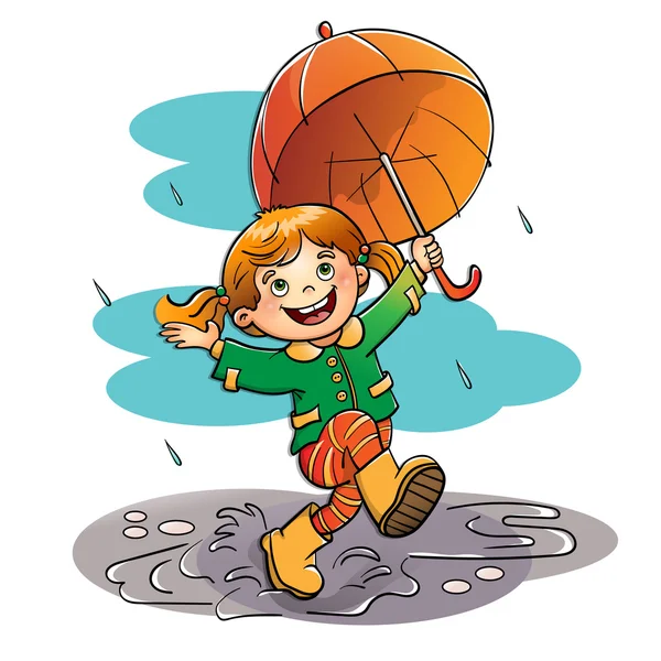 Glad flicka hoppande i regnet med ett orange paraply — Stock vektor