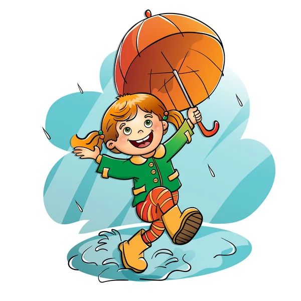 Chica alegre saltando en la lluvia con un paraguas naranja — Vector de stock