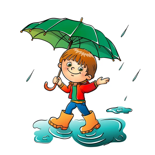 Glada pojke promenader i regnet isolerad på vit — Stock vektor