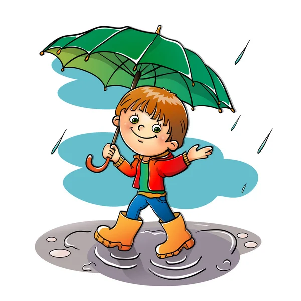 Radosny chłopiec spaceru w deszczu — Wektor stockowy