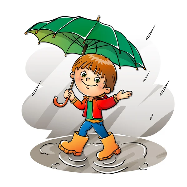 Glada pojke promenader i regnet — Stock vektor