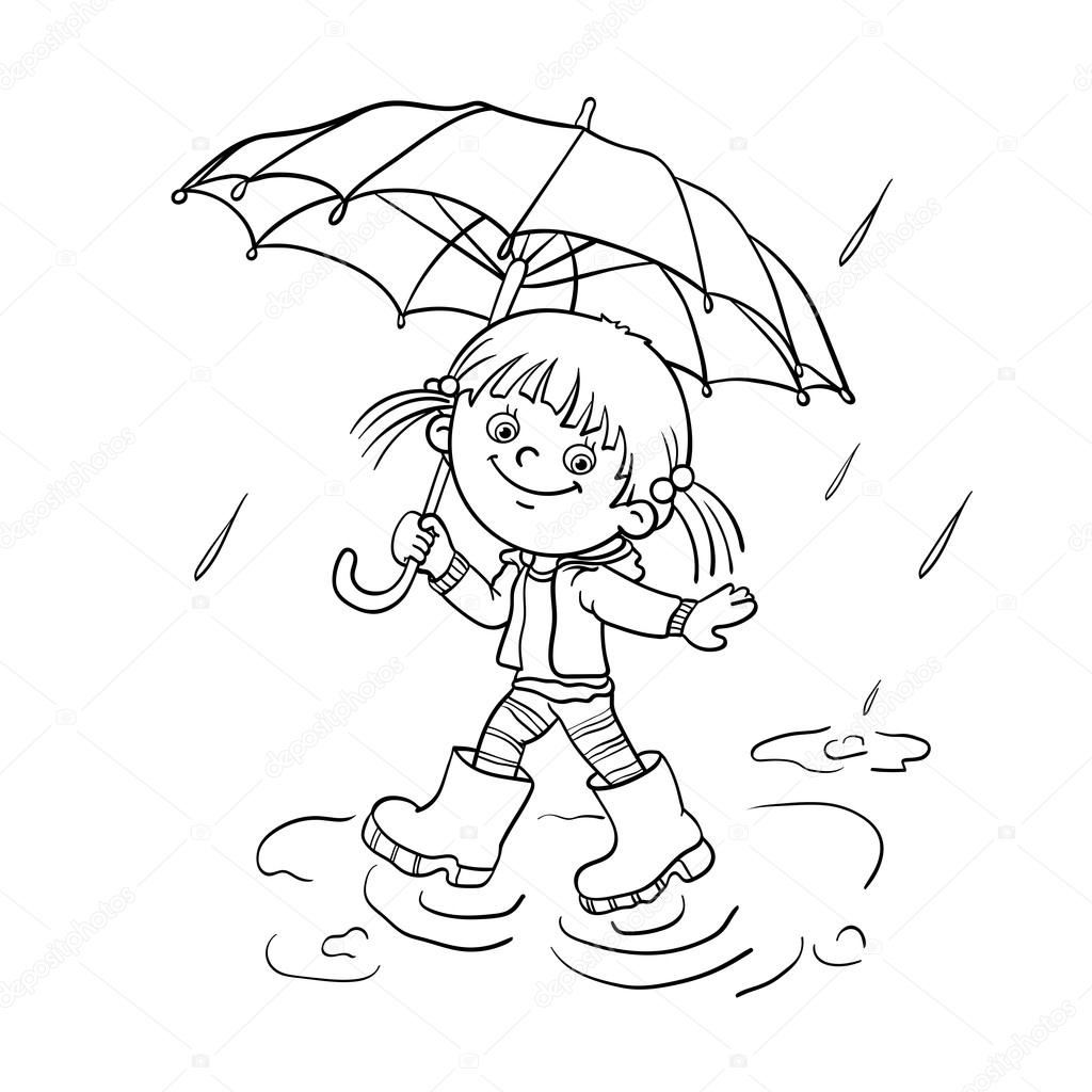 Coloring Page Outline Of a girl walking in the rain