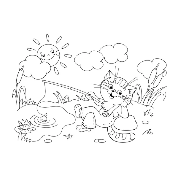 Coloring Page Outline Of a funny cat catching a fish — Stock Vector