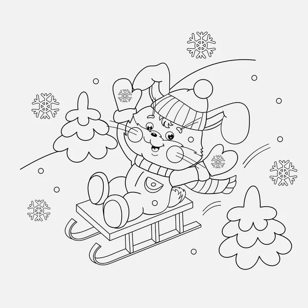 Coloring Page Outline Of a happy Bunny sledding — Stock Vector