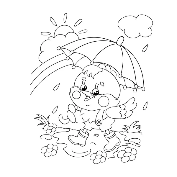 Desenho de uma galinha feliz andando na chuva — Vetor de Stock