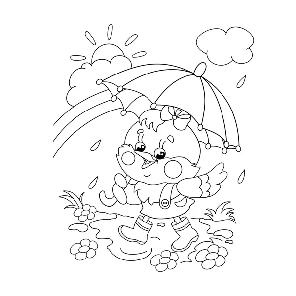 Coloriage Aperçu D'un poulet heureux marchant sous la pluie — Image vectorielle