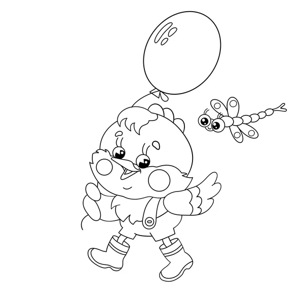 Página para colorear Esquema de un pollo feliz caminando con un globo — Vector de stock