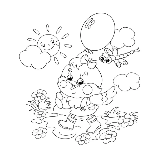 Coloring Page Outline Of a happy chicken walking with a balloon — Stock Vector