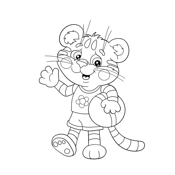 Coloriage contour d'un petit tigre avec une boule — Image vectorielle