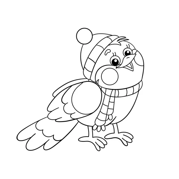 Página para colorear Esquema de un pájaro divertido en invierno — Vector de stock