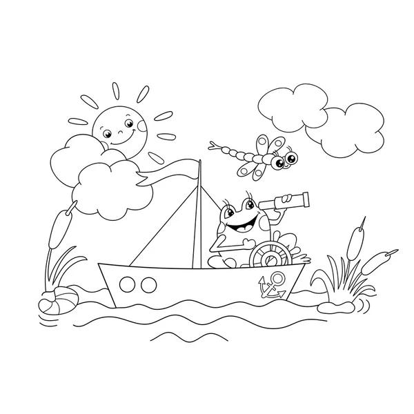 Desenho de uma rã alegre flutuando em um barco — Vetor de Stock