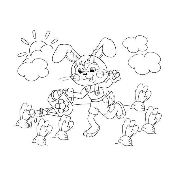 Desenho de página para colorir De um coelho bonito com regador — Vetor de Stock
