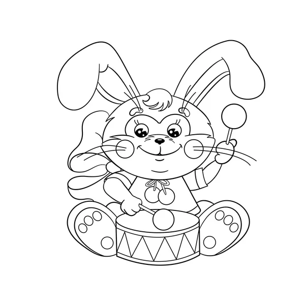 Coloring Page Outline Of a cute Bunny with a drum - Stok Vektor