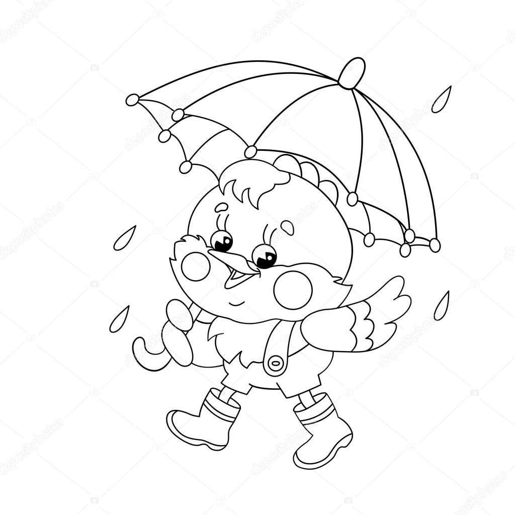 Disegni da colorare pagina muta di un pollo felice che cammina nella pioggia — Vettoriale Stock