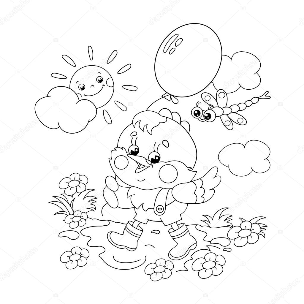 Disegni da colorare pagina muta di un pollo felice che cammina con un palloncino — Vettoriale