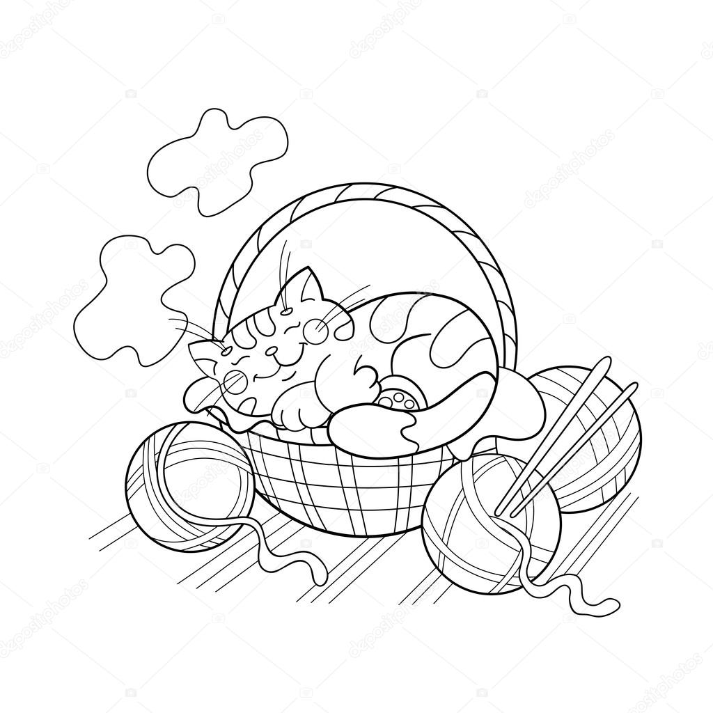 Coloring Page Outline Of a cute cat sleeping in a basket