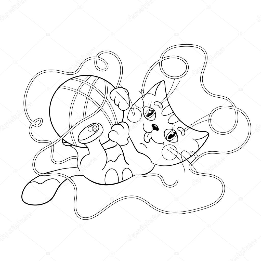 Disegni da colorare pagina muta di un gattino birichino che gioca con la sfera di filato — Vettoriali di Oleon17