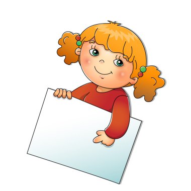 Sevimli kız beyaz arka plan üzerinde izole bir tabela holding