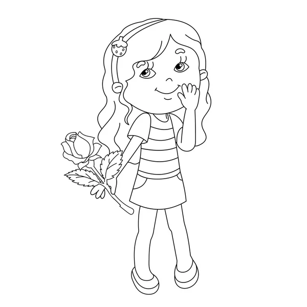 Dibujo para colorear de Hermosa chica con rosa en la mano — Vector de stock