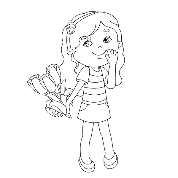Coloring page outline of girl with bouquet of tulips — Stock Vector