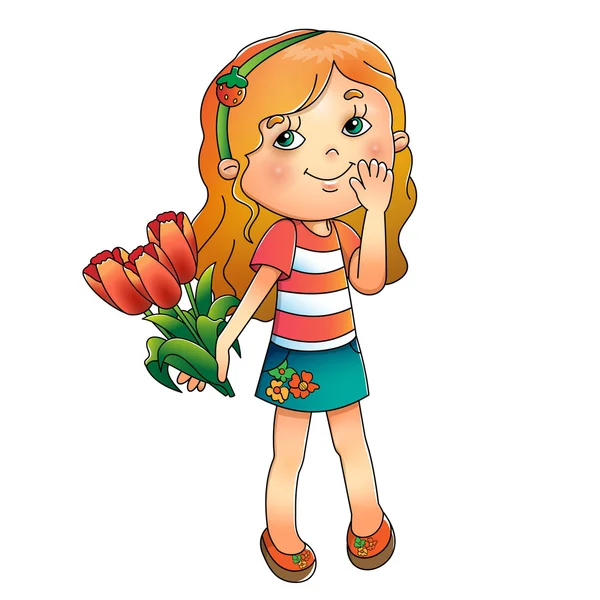 Charmante meisje houdt een boeket tulpen geïsoleerd op wit — Stockvector