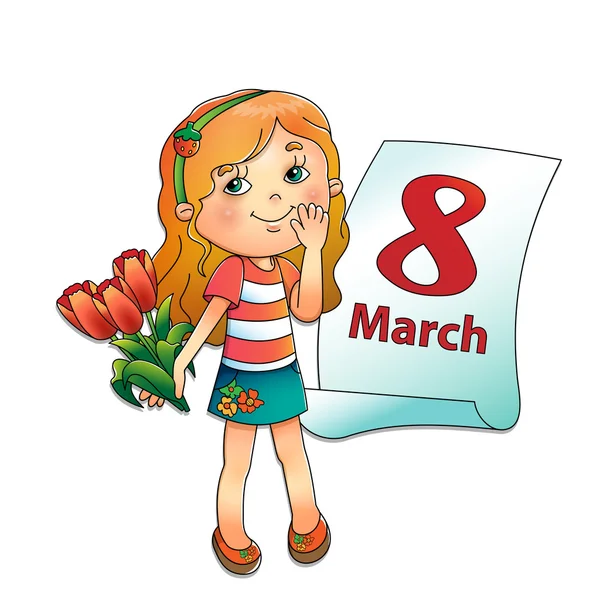 8 marzo. Ragazza con mazzo di tulipani con un calendario — Vettoriale Stock