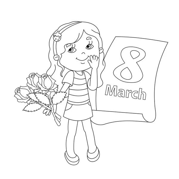 Het paginaoverzicht van de kleuring van meisje met bloemen. 8 maart. — Stockvector