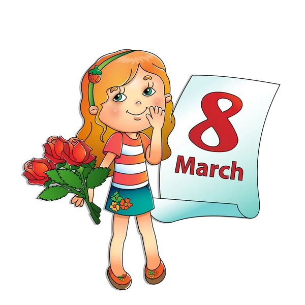 8 de marzo. Chica con ramo de rosas con un calendario — Vector de stock