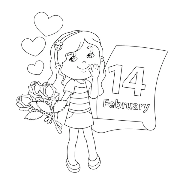 Het paginaoverzicht van de kleuring van meisje met bloemen. Aftelkalender voor Valentijnsdag. — Stockvector